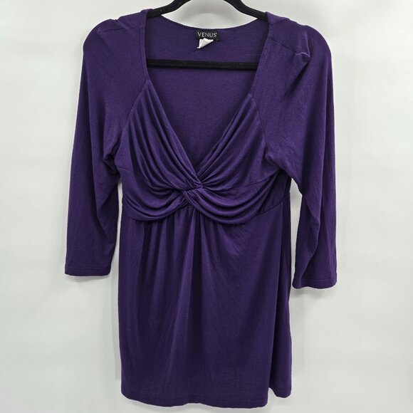 Venus Dark Purple Knotted Deep V-Neck Long Sleeved Top Size Large - Picture 1 of 7